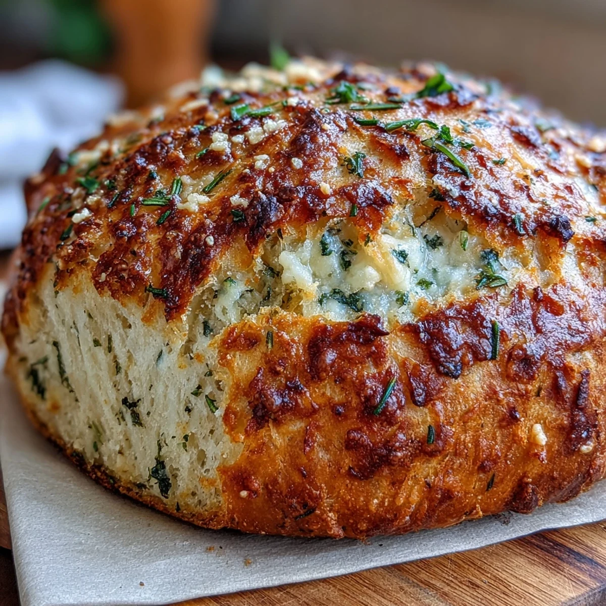 Freshly baked Perfect Parmesan Garlic Artisan Bread with a golden, crackled crust, ready to slice.