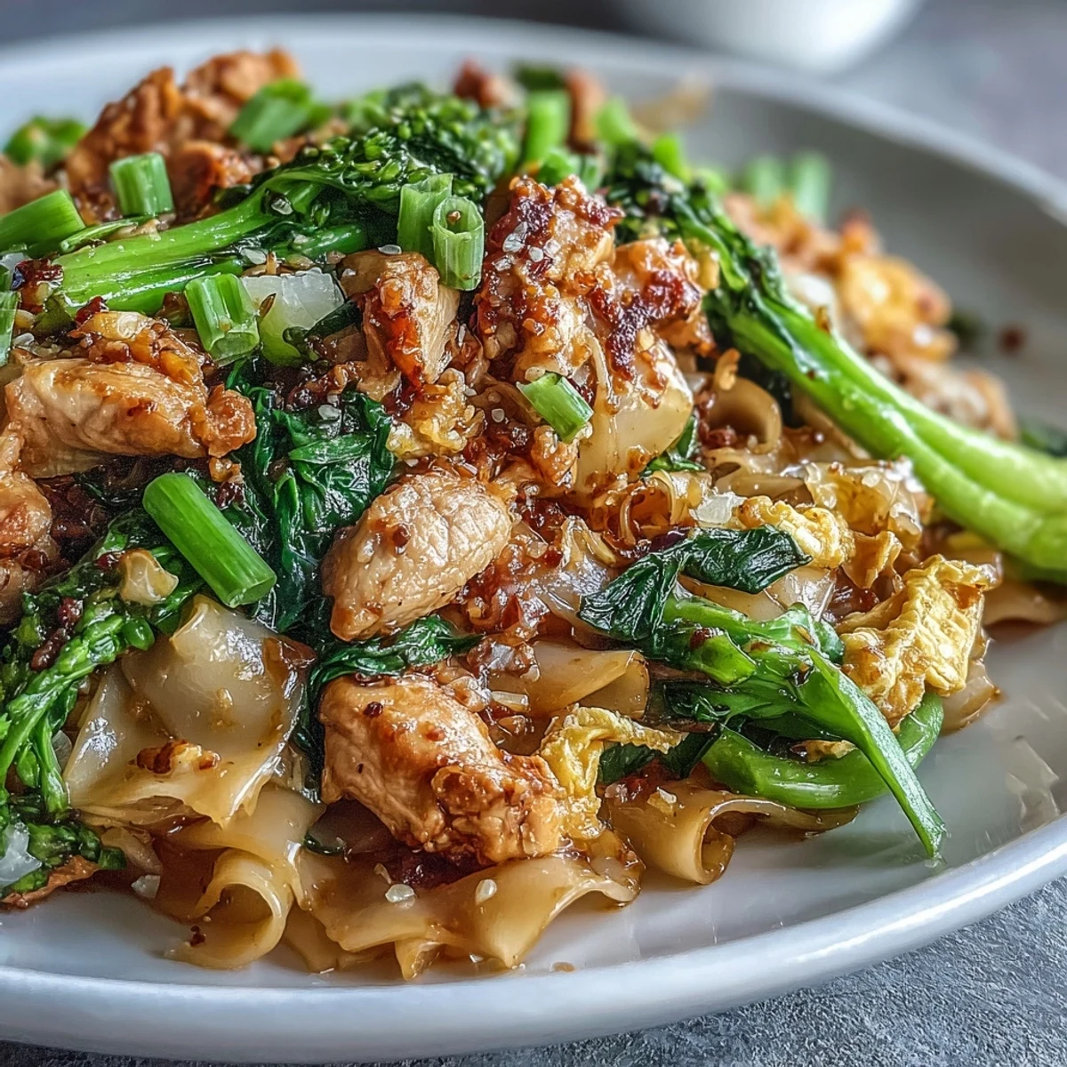 Plate of Authentic Thai Pad See Ew with tender chicken and gai lan. 