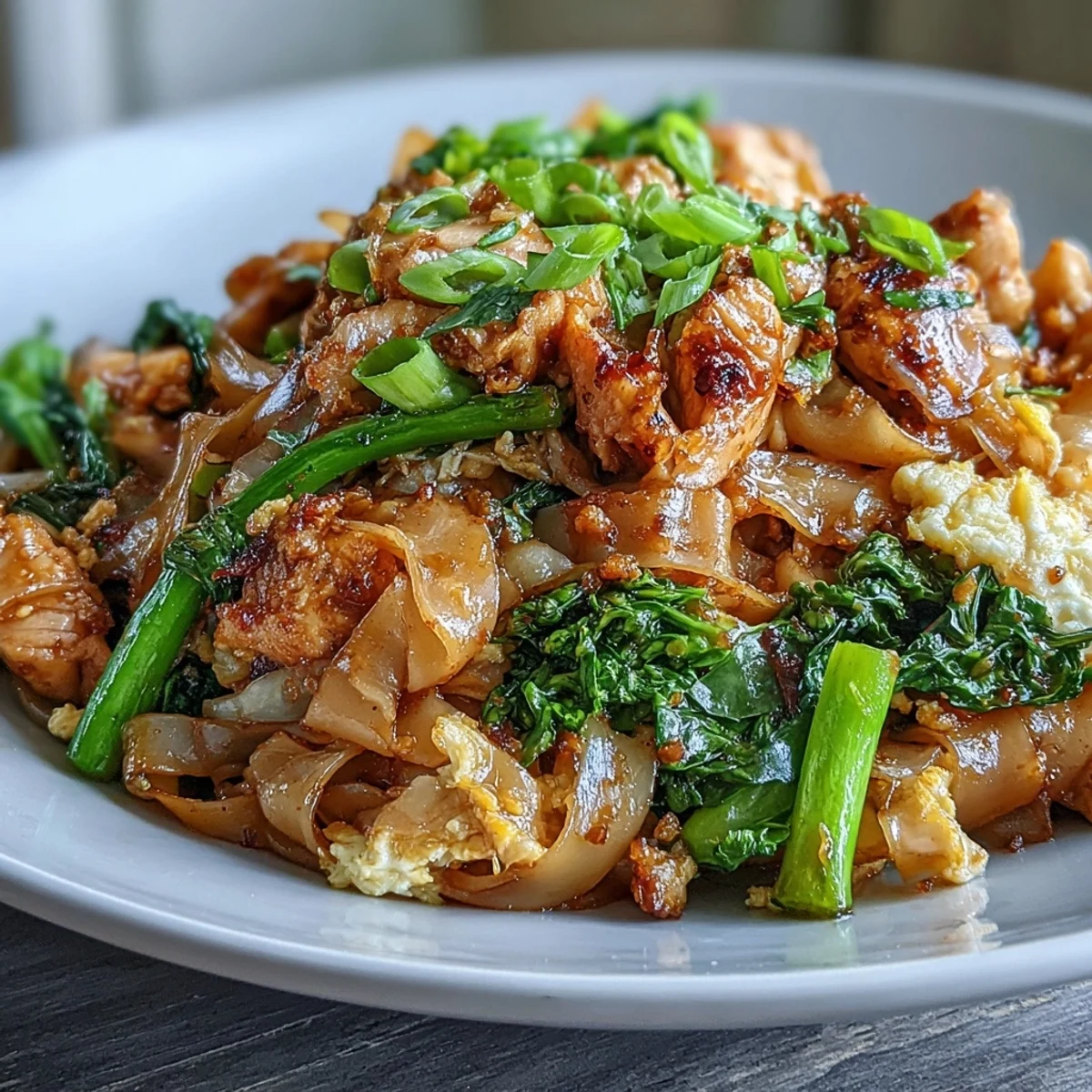 Sizzling Authentic Thai Pad See Ew served with a lime wedge.