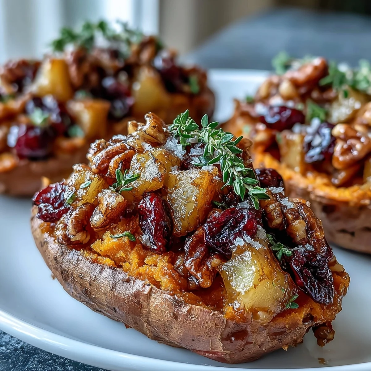 Maple-glazed Cranberry Apple Twice Baked Sweet Potatoes garnished with sliced almonds and flaky salt.