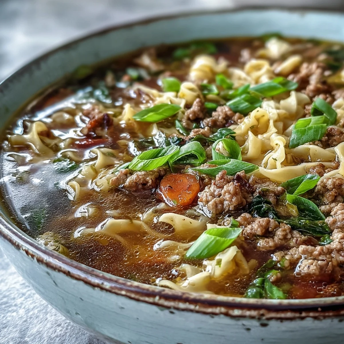 A warm bowl of Cozy One-Pot Egg Roll Soup with Green Onions and Ginger, topped with fresh scallions and a drizzle of sesame oil.