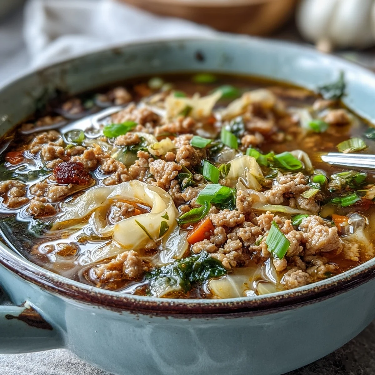 Cozy One-Pot Egg Roll Soup with Green Onions and Ginger served steaming hot in a rustic ceramic bowl, ready for a comforting meal.
