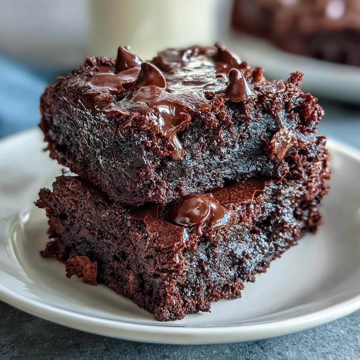 Freshly baked Greek Yogurt Brownies cooling on a wire rack with melted chocolate chips and chopped walnuts on top.