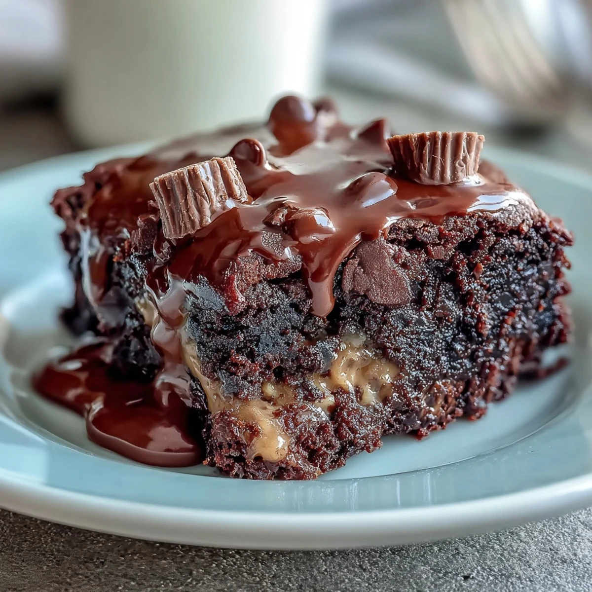 Slices of Rich Peanut Butter Cup Dump Cake show a moist crumb studded with mini peanut butter cups and semi-sweet chocolate chips.