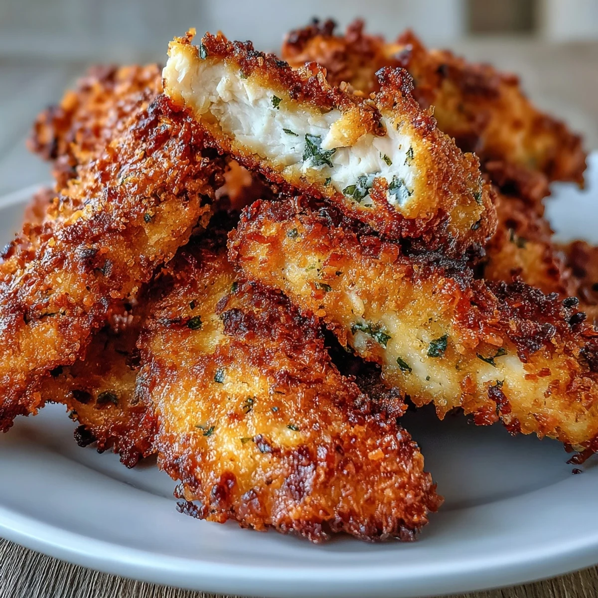Close-up view of golden Crispy Panko Ranch Chicken Tenders showcasing the crunchy texture and juicy interior.
