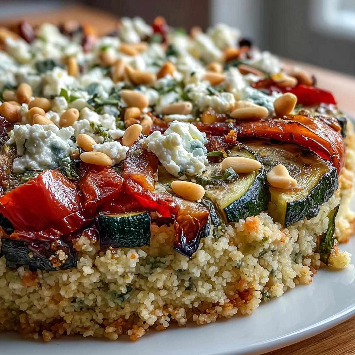 Golden-brown roasted vegetables and creamy feta cheese top fluffy couscous in this Mediterranean bake.