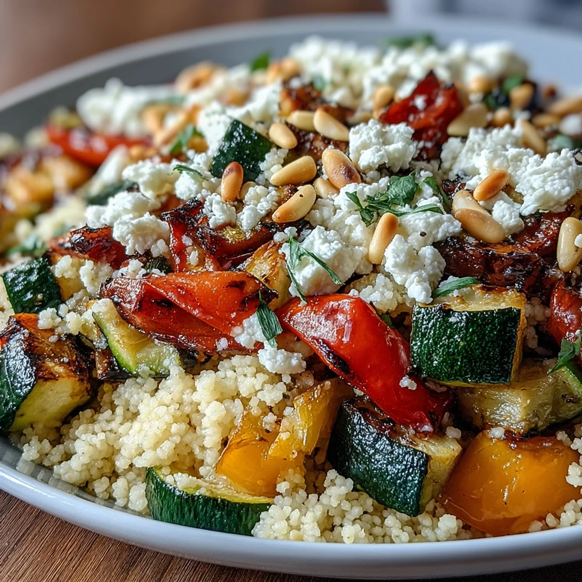 Vibrant diced zucchini and peppers mix with fluffy couscous in the finished Roasted Veggie & Feta Couscous Bake.