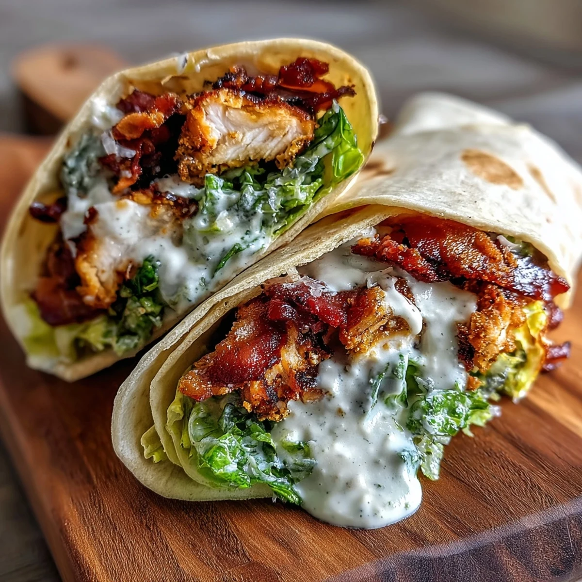 Golden crispy fried chicken thighs, smoky bacon, and Caesar salad tucked inside a warm flour tortilla.