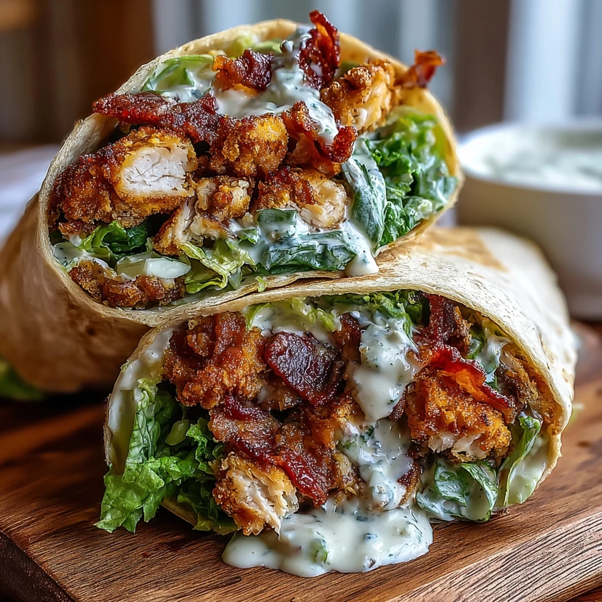Sliced crispy chicken and bacon wrapped in a soft tortilla with Caesar-dressed lettuce for lunch.