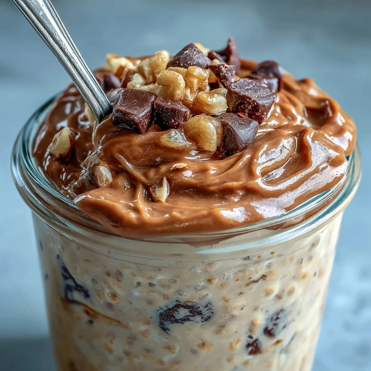 Creamy overnight oats topped with banana slices and chocolate chips for the Chunky Monkey Protein Overnight Oats breakfast.