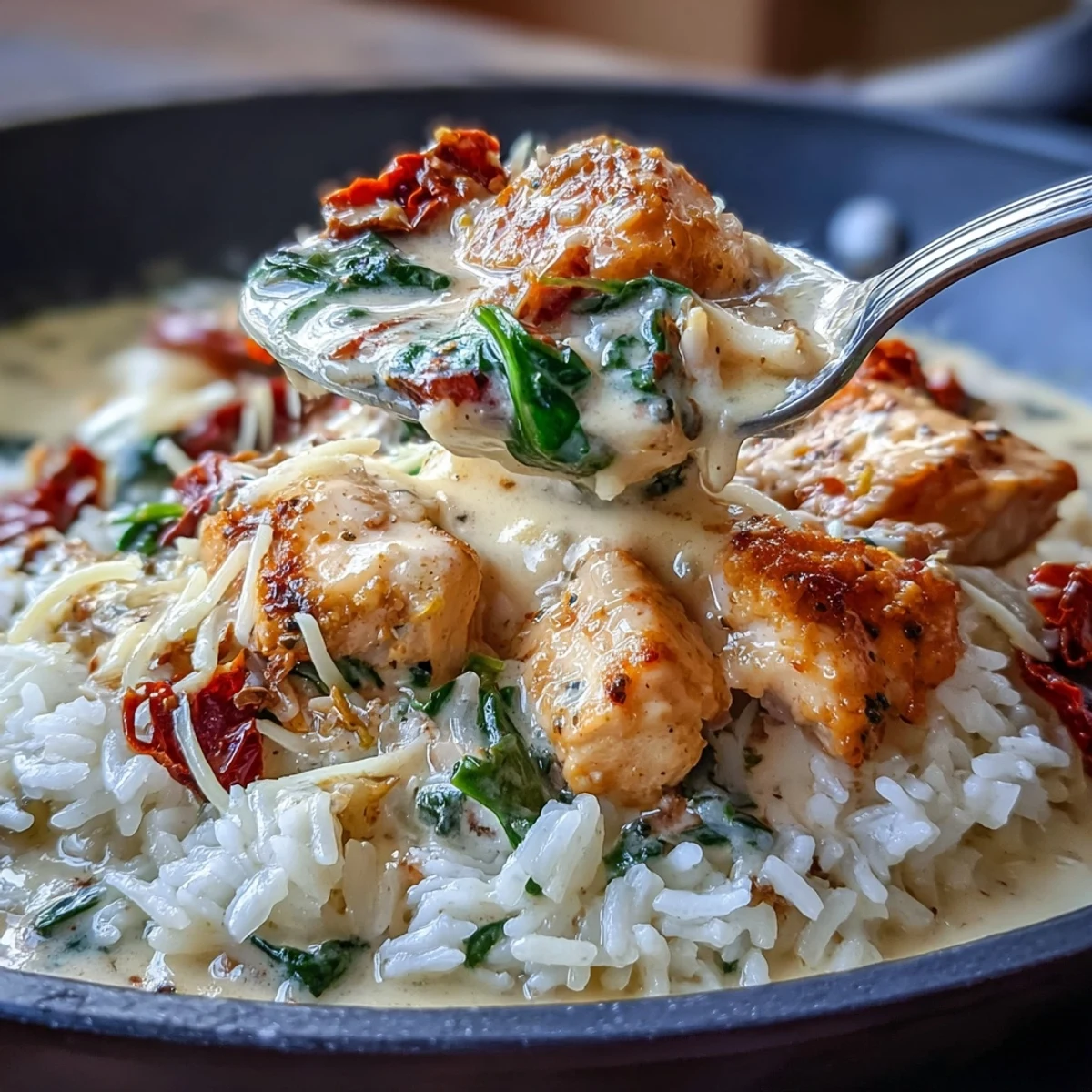 Creamy Tuscan Chicken Rice Skillet with golden chicken, spinach, and sun-dried tomatoes in a rich Parmesan sauce.