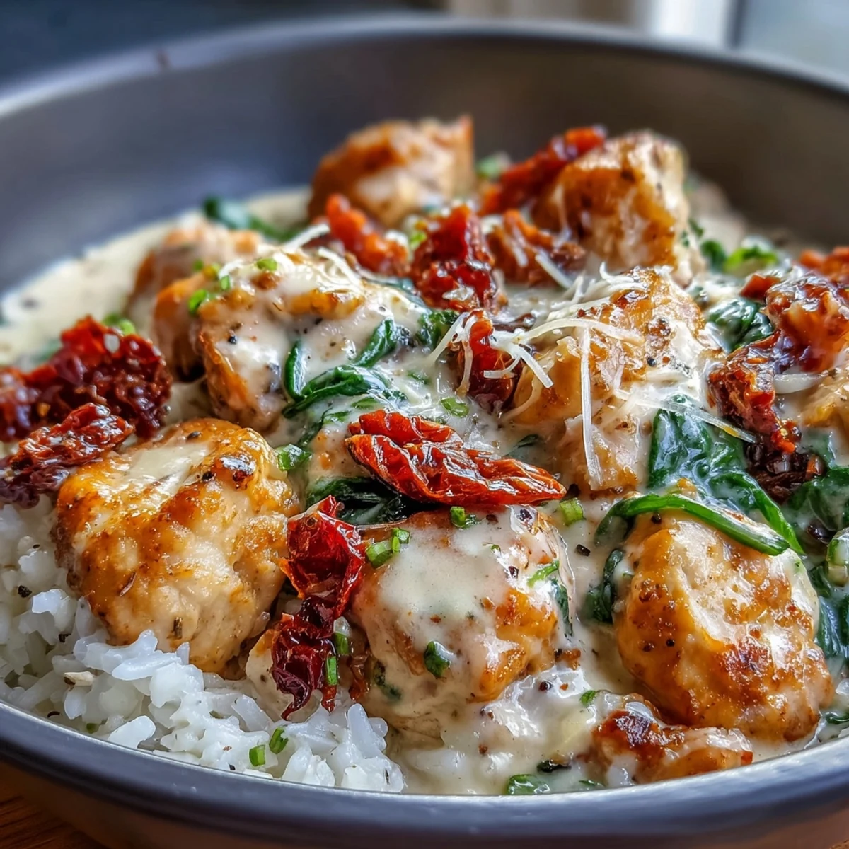 Spoonful of Creamy Tuscan Chicken Rice Skillet, steam rising from cheesy, garlicky rice and tender chicken pieces.
