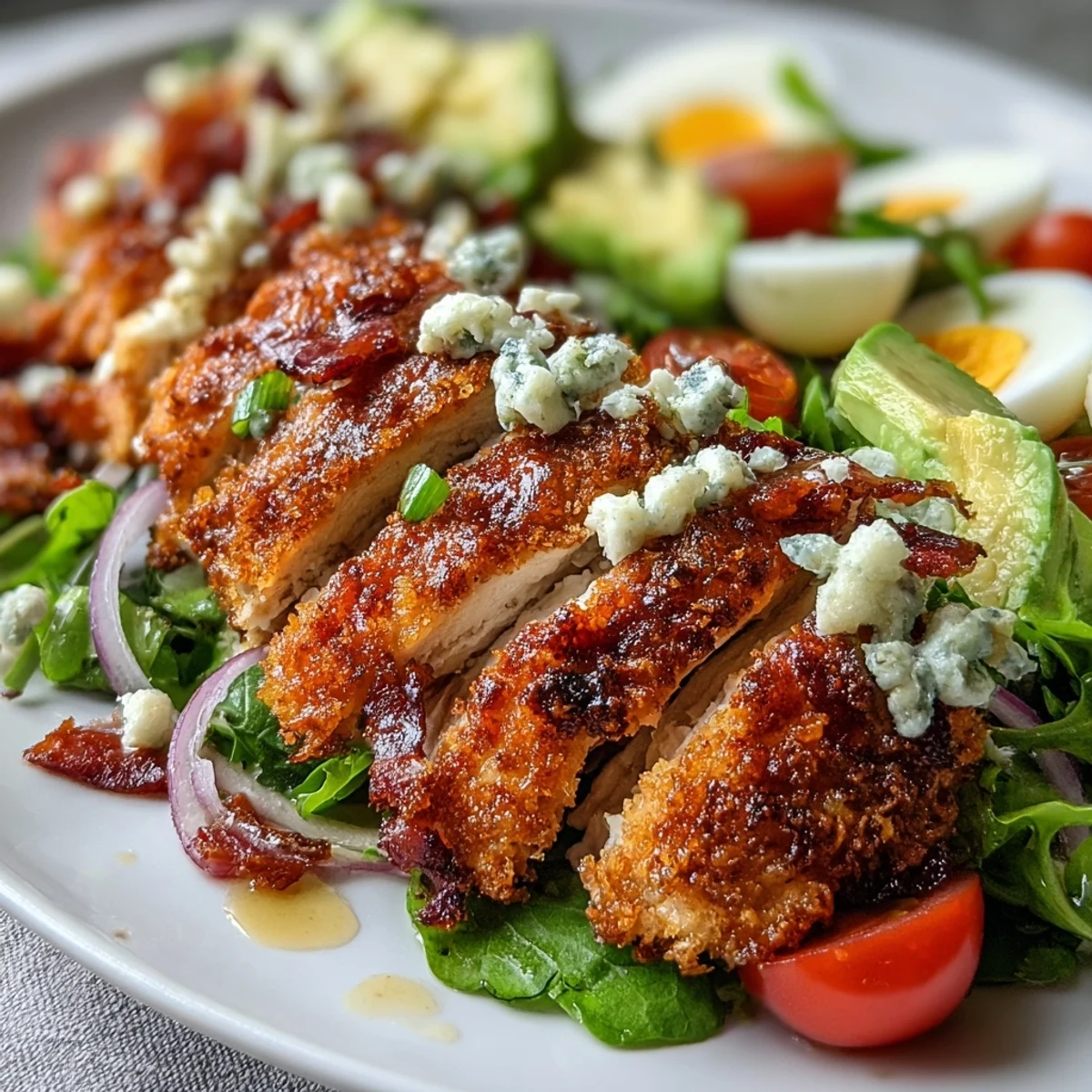 Golden Parmesan Crusted Chicken Cobb Salad with crispy chicken thighs, avocado, and bacon on a bed of fresh greens.