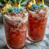 Vibrant Iced Guava Passionfruit Drink layered with creamy coconut milk and passionfruit juice, served in a glass with edible flowers.