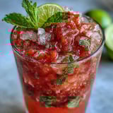 A single, tall glass of Guava Mojito brimming with crushed ice, mint, and a vibrant pink guava hue.