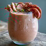 Bright tropical Guava Banana Smoothie served in a chilled glass with a guava wedge garnish on the rim.