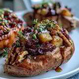 Fresh cranberries and diced apples fill roasted sweet potatoes for a festive autumn side.