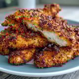 Four servings of Crispy Panko Ranch Chicken Tenders paired with creamy dipping sauce and fresh parsley.