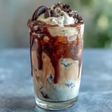 Cookies and Cream Cold Brew with whipped cream and crushed chocolate cookies in two tall glasses.
