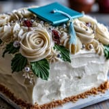 Festive graduation sheet cake with buttercream roses and edible diploma, perfect for celebrating achievements.