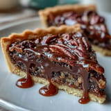 Rich chocolate pecan tart, a sweet Kentucky Derby treat, ready to be sliced.