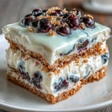 Close-up of a no-bake Lemon Blueberry Icebox Cake ready to serve.