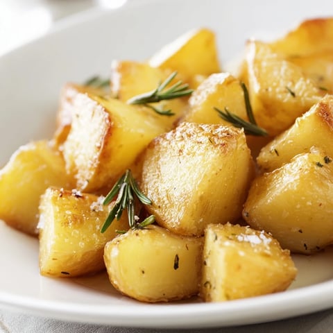 Golden, crispy beef tallow roasted potatoes with herbs, ready to be served.