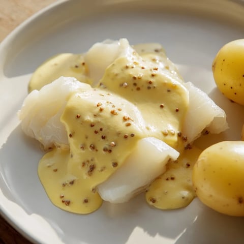 Flaky Norwegian Lutefisk, baked to perfection, served with creamy mustard sauce and potatoes.