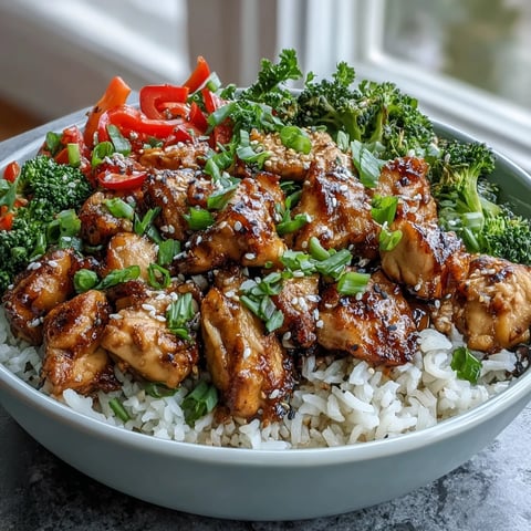 Golden-brown marinated chicken pieces sit atop fluffy white rice, surrounded by crisp broccoli, bell peppers, and carrots.