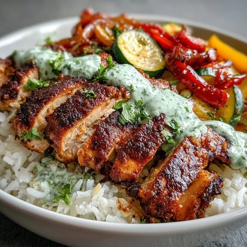 Juicy blackened chicken breast sliced over fluffy rice and sautéed peppers, finished with a drizzle of lime crema.