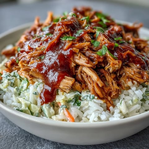 Tender pulled pork bowl with fluffy rice and tangy coleslaw, drizzled with smoky BBQ sauce.