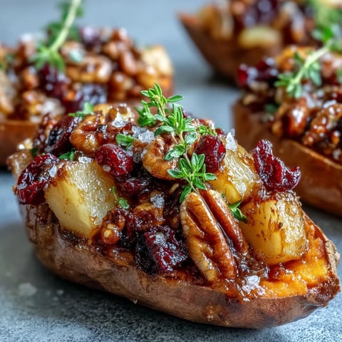 Golden-brown Cranberry Apple Twice Baked Sweet Potatoes topped with pecans and fresh thyme.