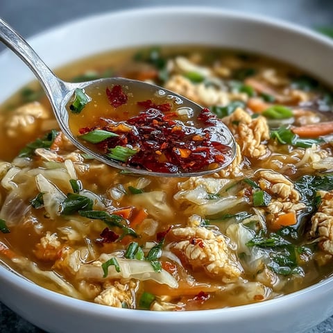 Egg Roll Soup with Chicken & Cabbage in a rustic bowl with steam rising and chopsticks resting beside it. 