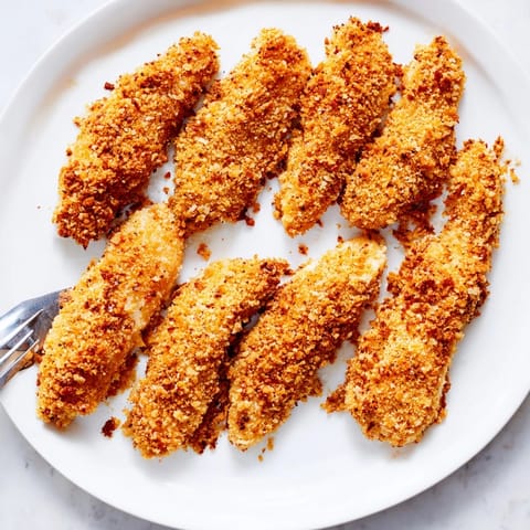 Close-up of juicy, oven-baked chicken tenders served hot with dipping sauces on the side.