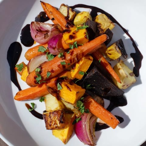 Golden-brown roasted root vegetable medley drizzled with sweet balsamic glaze, ready to serve and enjoy.