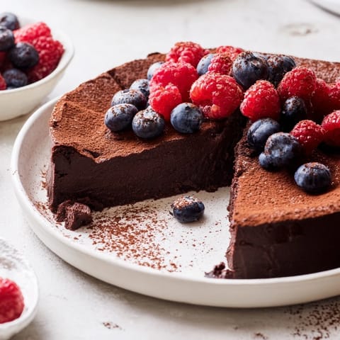 Indulge in a smooth, rich flourless chocolate cake, served with fresh berries and sweetness.