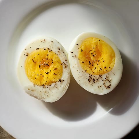 A close-up shot of perfectly cooked perfect hard-boiled eggs, showing smooth, white exteriors.