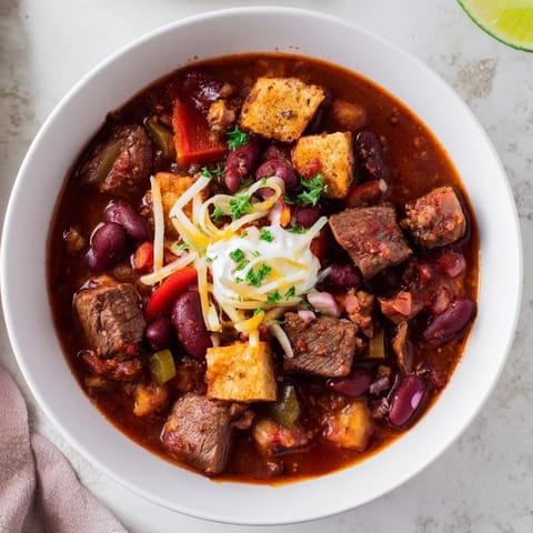 Close-up of a rustic Winter Warming Chili con Carne, showcasing tender beef and a thick, savory sauce.