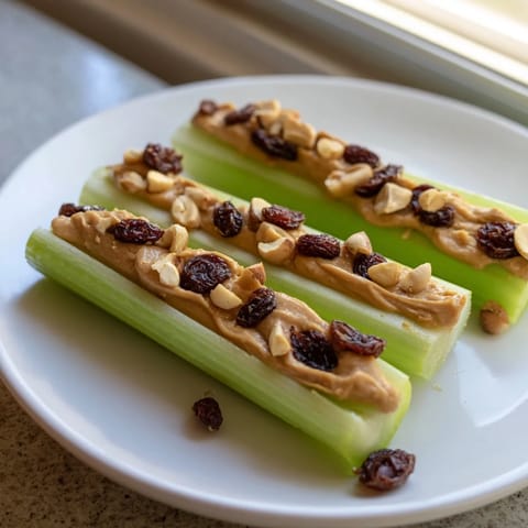 A delightful serving of colorful Peanut Butter Celery Sticks, a simple, crunchy, and satisfying snack option.
