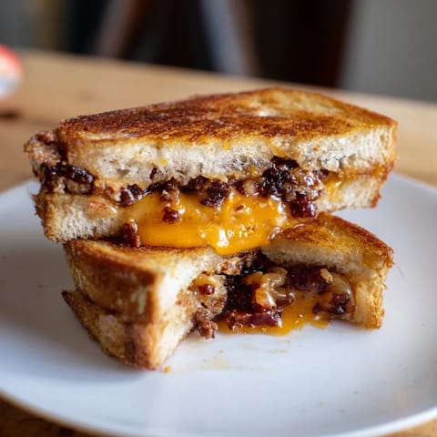 A beautifully stacked Bacon Jam Grilled Cheese sandwich, perfect with melted cheese oozing out.