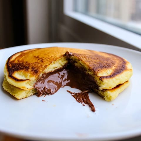 Golden-brown Nutella Stuffed Pancakes cooking on a griddle, revealing a warm, gooey chocolate-hazelnut center when lightly pressed.