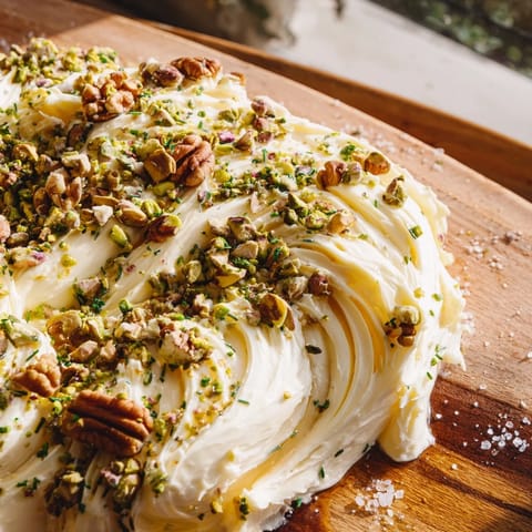 A close-up of a Flavored Butter Board Charcuterie spread on a rustic board, topped with chopped nuts, fresh herbs, and honey drizzle.