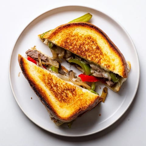 A Philly Cheesesteak Grilled Cheese on a wooden board, featuring juicy steak and sautéed onions.  