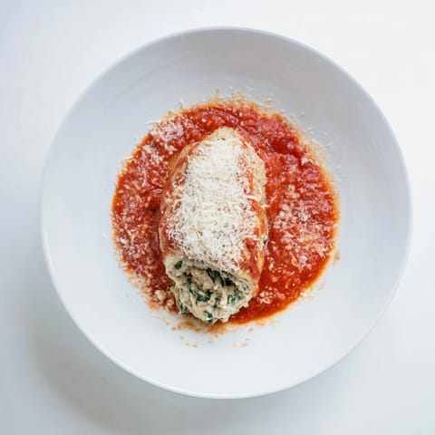 Spinach Ricotta Stuffed Chicken served hot with melted Parmesan and fresh basil garnish.