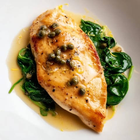 Tender pan-seared Spinach Lemon Butter Chicken served over garlicky spinach, garnished with fresh parsley and lemon slices.