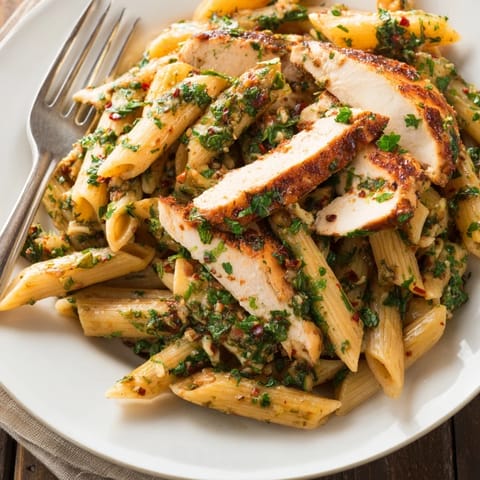 Hearty Chimichurri Chicken Pasta served on a plate, garnished with fresh parsley and lemon wedges, perfect for a vibrant weeknight dinner.