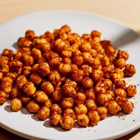 Golden-brown crispy chickpeas roasted with smoked paprika and cumin in a white bowl.  