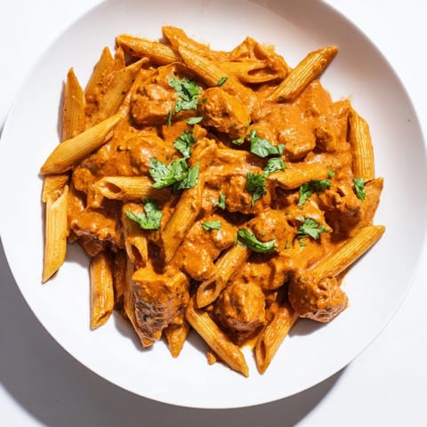 Colorful Chicken Tikka Pasta in a skillet, steaming alongside a side of garlic naan bread.  