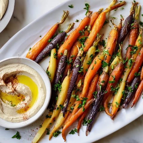 A platter of caramelized rainbow carrots and smooth homemade hummus, perfect for a Mediterranean appetizer spread.  