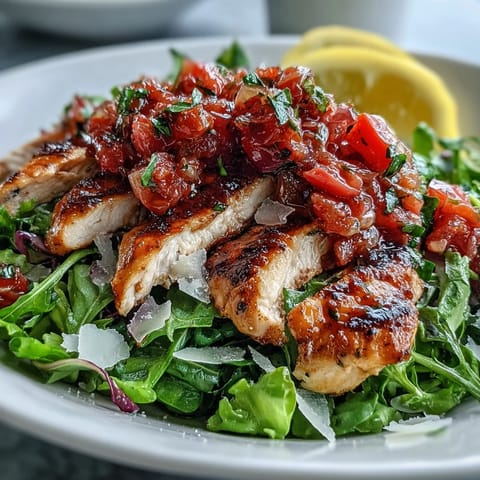 Grilled Bruschetta Chicken Salad: juicy chicken atop fresh greens with vibrant tomato.